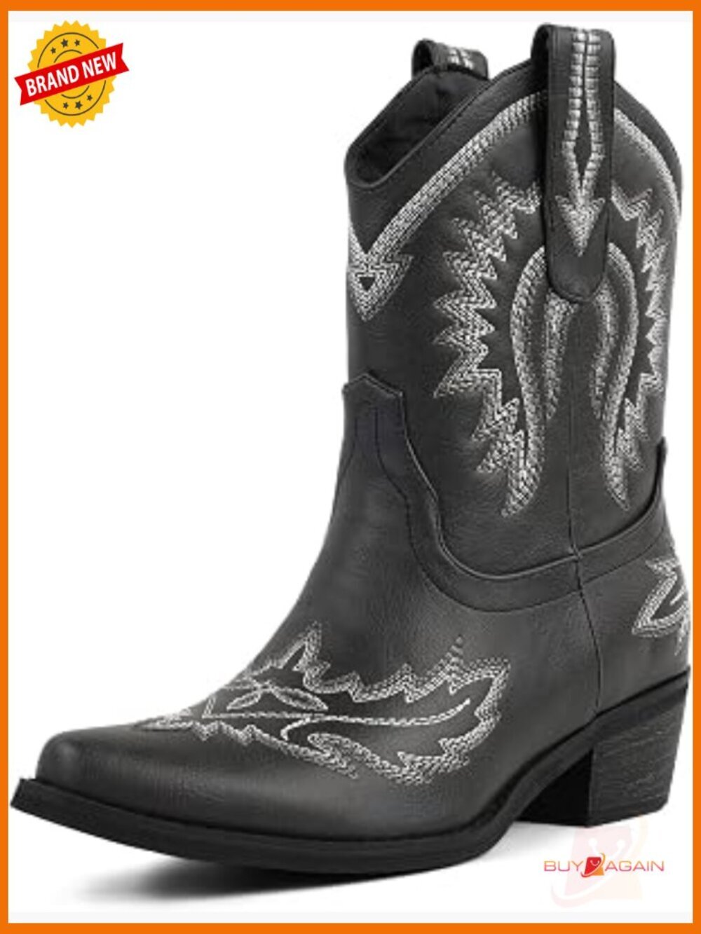 Women's Western Embroidered Ankle Cowboy Boots Mid-Heel Pull-On